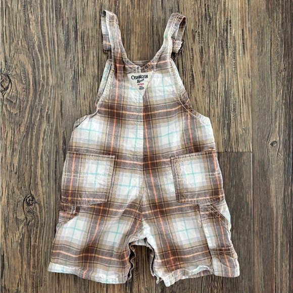 OshKosh B’gosh Vestbak Bib Overall Shorts 24 Months Plaid Shortalls Brown Multi - Picture 2 of 10